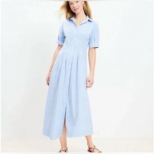 LOFT Blue & White Stripe Button-Front Midi Dress | Size 8